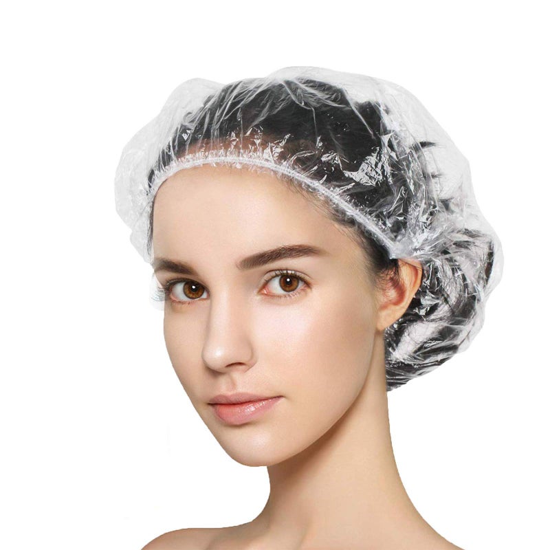 Years calm 100+10 Shower Caps Disposable, Clear Shower Caps for Women Waterproof Plastic Bath Caps, Elastic Hair Processing Caps for Women Man Kids Girls, Hotel, Home Use - Image 1